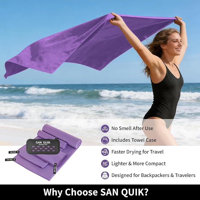 Quick Dry Camping Towel with EVA Case, Microfiber Travel Towel 3 Size at 1 Pack, Super Absorbent Lightweight Fast Drying Towel Set for Beach, Gym, Sports, Backpacking, Yoga & Swimming Pool, Purple