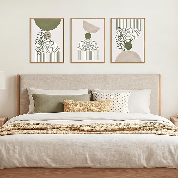 ANHUIB Boho Abstract Wall Art Canvas,Sage Green Wall Decor Framed,Geometric Line Art Prints Leaves,Minimalist Artwork Botanical,3 Piece 16x12In Beige Nature Painting for Living Room Bedroom