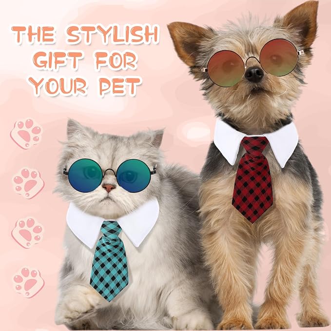 Weewooday 8 Pcs Pet Dog Cat Costume Cat Dog Sunglasses and Tie Collar Round Glasses for Small Puppy Tuxedo Necktie Collar Puppy Accessories Halloween Cosplay Birthday Christmas Party(Elegant Colors)