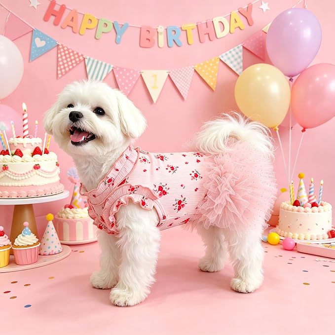 Dog Dresses for Small Dogs Girl,Floral Dog Tutu Dress,Pet Clothes for Puppy Small Cats Cute Dog Princess Skirt for Female Pet Birthday Party Outfit（Pink,Medium）