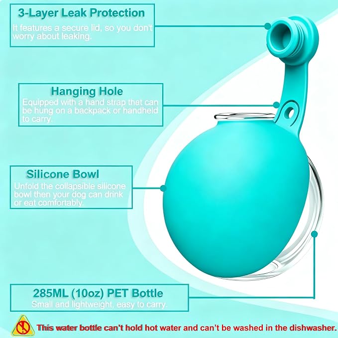 Dog Water Bottle Portable, 2in1 Round Dog Water Bowl PET 10oz