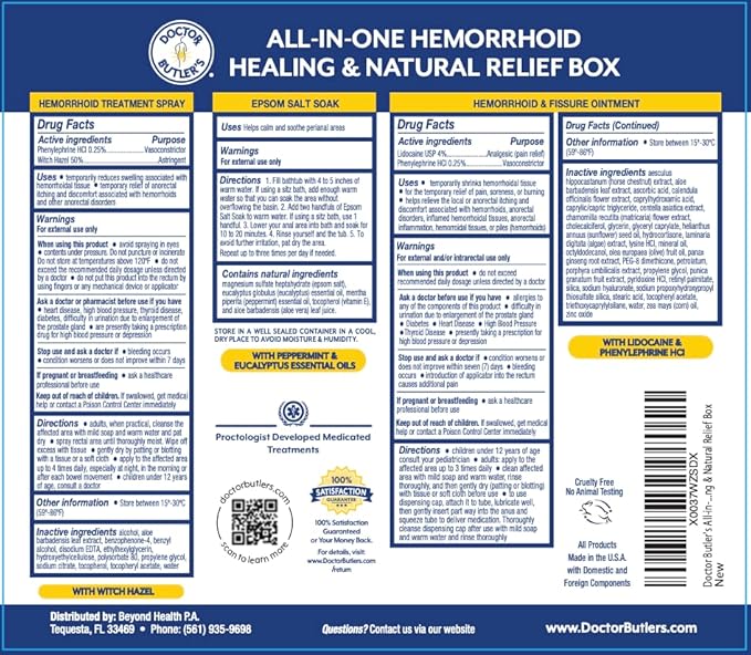 Doctor Butler's Hemorrhoid Treatment Bundle - Includes Hemorrhoid & Fissure Ointment with 4% Lidocaine, Hemorrhoid Spray with Witch Hazel, and Epsom Bath Salts to Help Reduce Irritation
