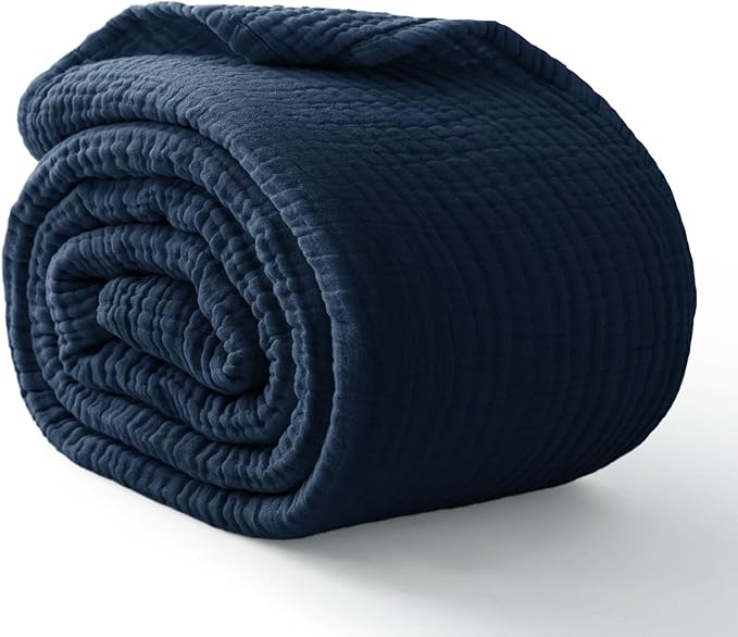 100% Cotton Muslin Blanket California King 120" x 90", 6 Layers Breathable and Lightweight Oversized Blankets for Bed, Soft Cooling Gauze Blanket for Adults All Season, Navy