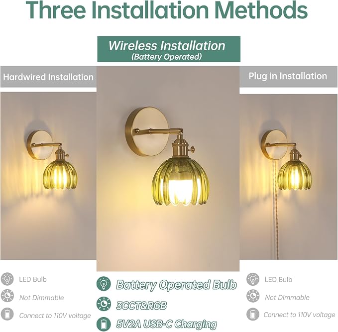 Shenmoyl Vintage Battery Operated Wall Sconce with Green Tulip Glass Lampshade Rechargeable Battery Powered Wall Light with Remote Control for Bedside Bedroom Doorway