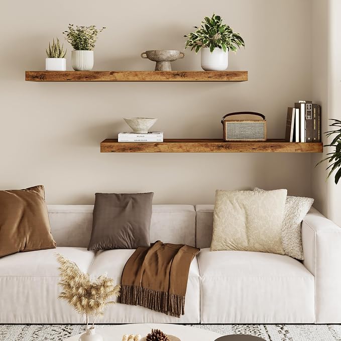 Fixwal Floating Wall Shelves for Decor (Rustic Brown, Set of 2, 35.4Inch) | MDF Shelf with Metal Brackets, Space Saving for Books , Decor, Fits Bathroom, Kitchen, Bedroom, or Office