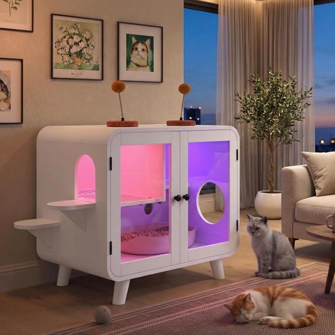 30.7 Inch Cat Litter Box Enclosure Furniture with Stairs, White | RGB LED Light, Dual Glass Doors, Litter Leak Walkway, Pom-Pom Toys, Side Stairs and 220 lb Top Capacity for Indoor Cat Care