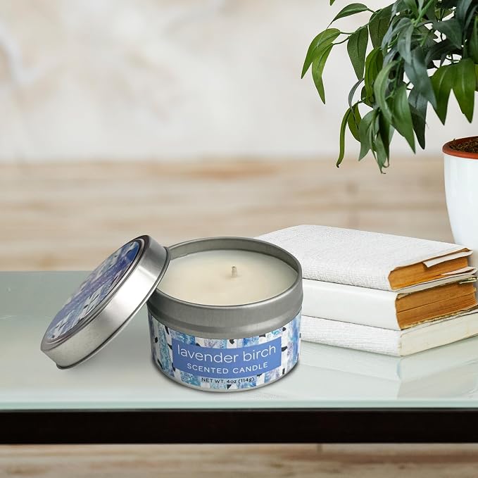 Greenwich Bay Hand-Poured Scented Candle in Decorative Tin – 4 oz/114 g Travel Candle with Lead-Free Wick, Vegetable Wax, Long-Burning Aromatherapy Gift, Single Wick – Made in USA (Lavender Birch)