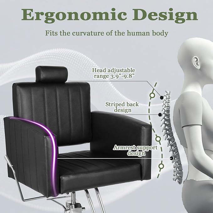 Black Salon Chair for Hair Stylist, Heavy Duty Hydraulic Barber Salon Chair with Vertical Stitch Design, 360° Swivel, Adjustable Height, Ergonomic Reclining Stylist Chairs for Beauty Salon