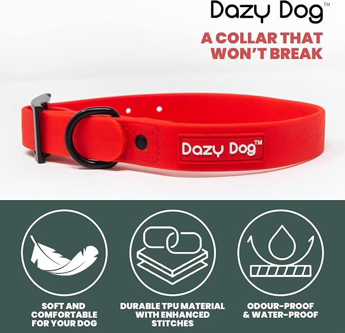 Dazy Dog Waterproof Durable Dog Collar, Odor Proof and Easy Clean TPU Collar, Stronger Than Biothane, Silicone, and Rubber, for Small, Medium, and Large Dogs (Large, Red)
