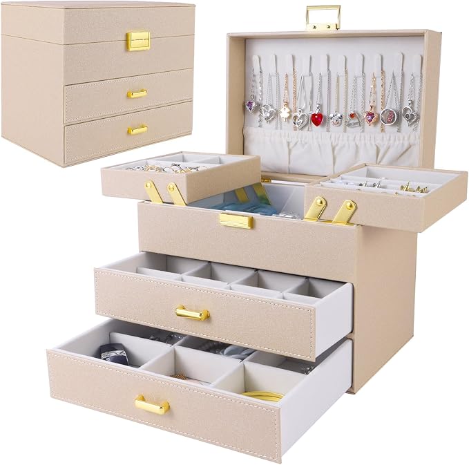 Jewelry Organizer Box, Large Jewelry Boxes for Women Girls, Space-Saving 4 Layers Jewelry Storage Case with Drawer, Movable Metal Stand, Modern, Gift Idea (Champagne + Gold)
