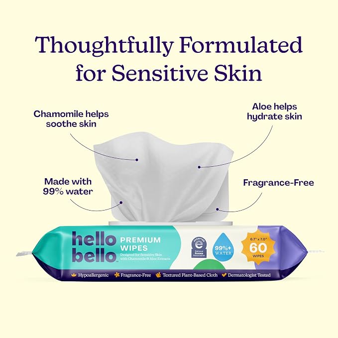 Hello Bello Premium Fragrance-Free Baby Wipes, with Chamomile & Aloe Extracts for Sensitive Skin - 9 Resealable Packs = 540 Total Wipes