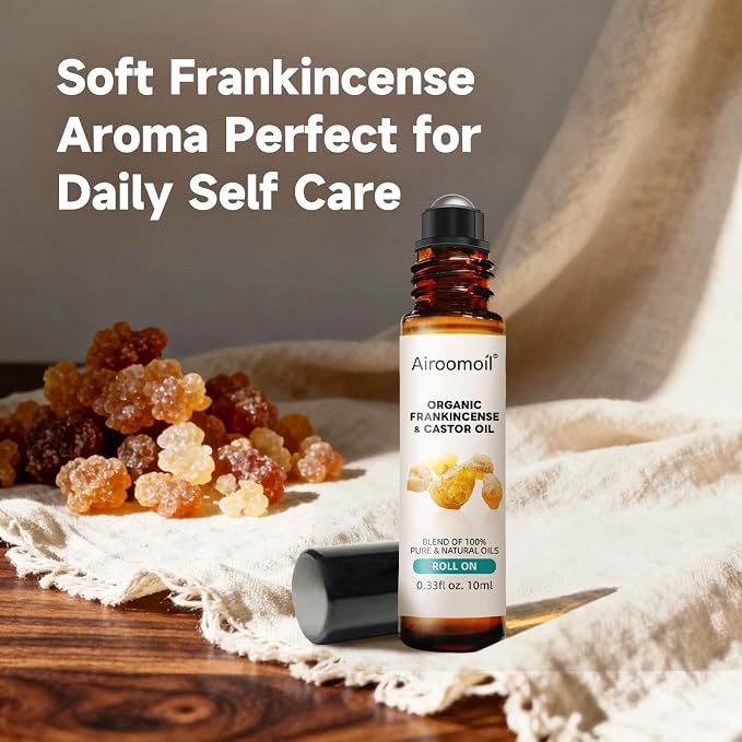 Frankincense and Castor Roll-On Oil, 100%Pure, Organic, 0.33Fl Oz | Natural plant blend oil, light and nourishing for the skin. Suitable for the wrists, temples Portable travel Aromatherapy