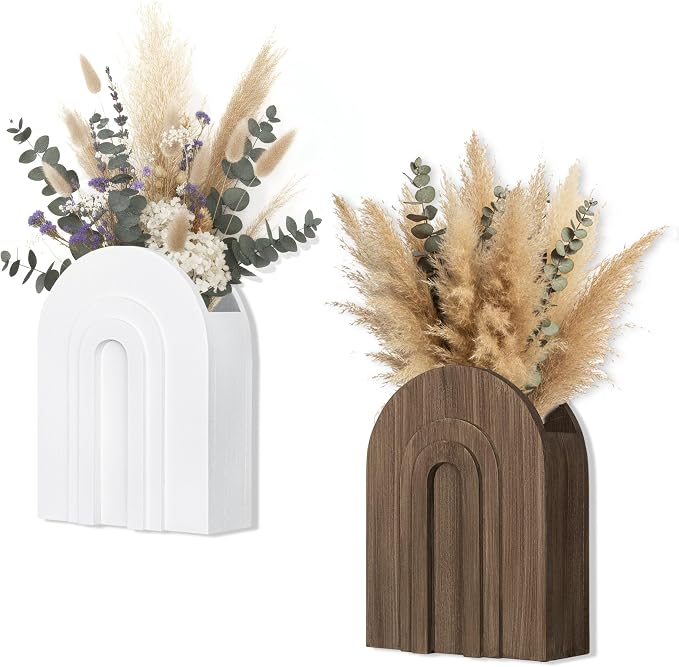 2 Pack Wooden Wall Vase White and Natural for Pampas Grass and Dried Stems | Neutral wall vases for faux flowers and pampas grass; farmhouse bathroom decor for hallway, entryway or living room