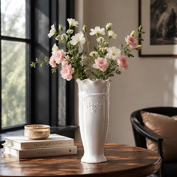 hjn White Ceramic Vase- French Flower Vase for Decor Tall Vintage Vases for Flowers/Home Decoration/Kitchen/Table/Living Room/Shelf/Mantel/Office-Height-11.6"