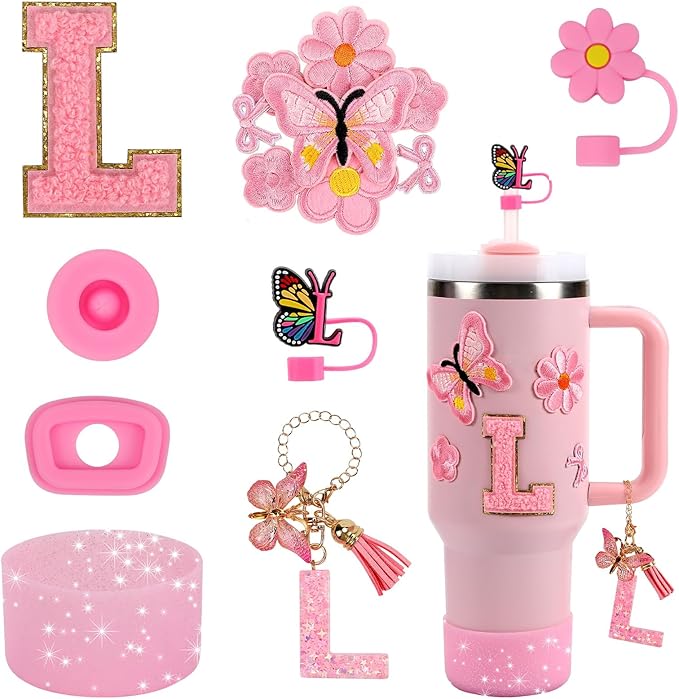 15PCS Cup Accessories Set for Stanley Cup 30oz 40oz Tumbler with Handle, Including Silicone Straw Cover and Boot, Spill Proof Stopper, Stanley Charms, Handle Charm, Initials Sticker