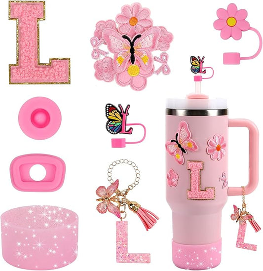 15PCS Cup Accessories Set for Stanley Cup 30oz 40oz Tumbler with Handle, Including Silicone Straw Cover and Boot, Spill Proof Stopper, Stanley Charms, Handle Charm, Initials Sticker