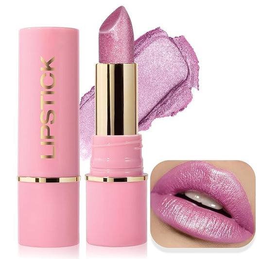 Metallic Lipstick Pink Glitter Lip Stick Long Lasting Waterproof Shimmer Nude Lipstick for Women Makeup Tinted Lip Balm Creamy Diamond High Impact Lip Color Lightweight Non Stick Cup