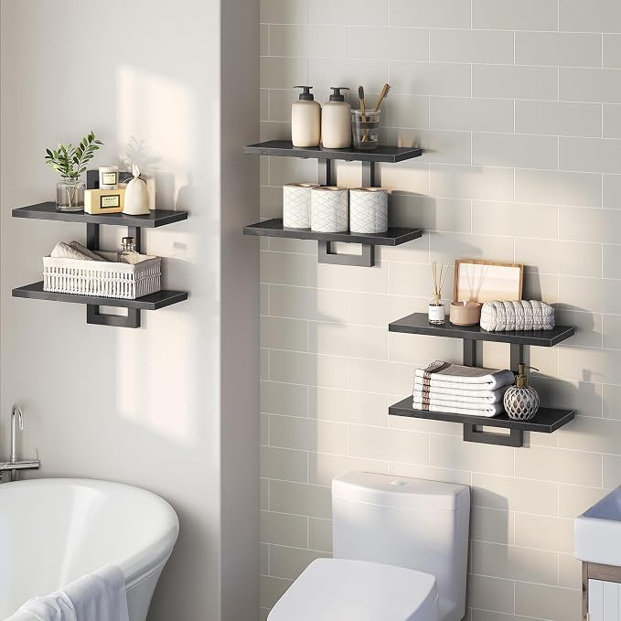 HOOBRO Floating Shelves, 15 Inch Wall Shelf Set of 3, Wall Mounted Storage Shelves 2-Tier, Hanging Bathroom Shelves, for Living Room, Bedroom, Bathroom, Kitchen, Black BK32BJP301