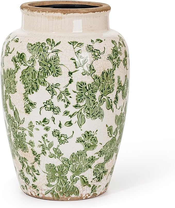 Sungmor Ceramic Flower Vase, Vintage Green Ice Cracked Glaze Porcelain Vase | Pretty Home Decor Vase for Flower Arrangement, Fresh Flowers, 10.2 Inch Tall Chinoiserie Pottery Vase, Green Floral Pattern