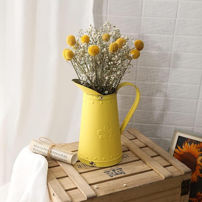 French Style Shabby Chic Vase Metal Flower Vase Vintage Jug Rustic Farmhouse Decor for Home, Yellow