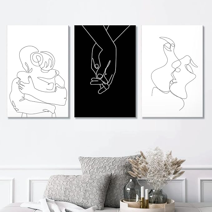 Minimalist Black and White Canvas Wall Art Love Painting for Couples Bedroom Line Drawing Art Poster Prints Framed Artwork Pictures Bathroom Living Room Wall Decor Ready to Hang