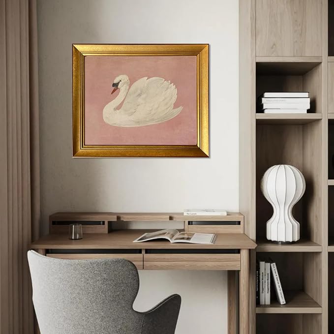 Vintage Gold Framed Wall Decor White Swan Canvas Print Farmhouse Pink Wall Art Cute Swan Painting Artworks for Girly Bathroom Decor Living Room Bedroom