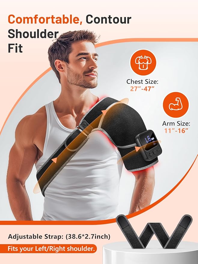 Red Light Therapy for Shoulder with Heat & Massage, 6 Modes 5000mAh Cord-Free Controller Infrared Light with 216 Beads 660nm & 850nm Portable Heated Shoulder Pad, Last 110-240mins