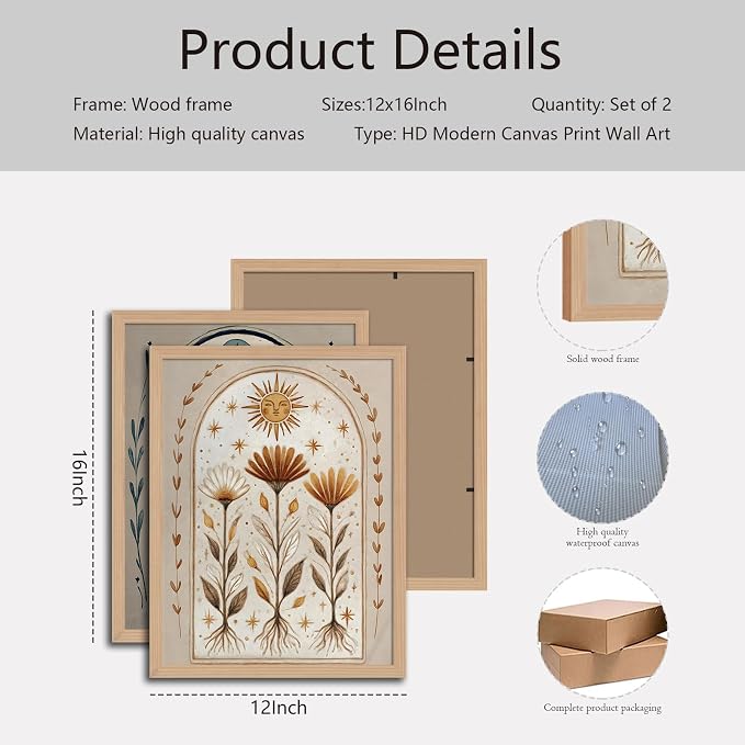 skysoon Boho Moon and Sun Wall Art Set of 2, Floral Botanical Prints | Earthy Tone Botanical Painting, Cottagecore Framed Picture Wall Decor for Living Room Bedroom Office 12x16 Inch