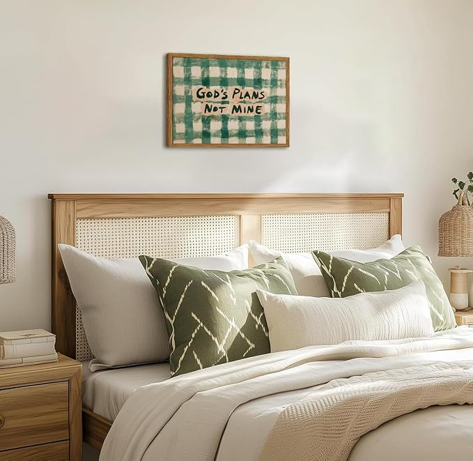 Framed God's Plans Not Mine Canvas Wall Art, Inspirational Faith Quote Pictures Wall Decor, Green Gingham Paintings Prints Christian Home Decor for Living Room Bedroom Dorm Office 12x16 inch