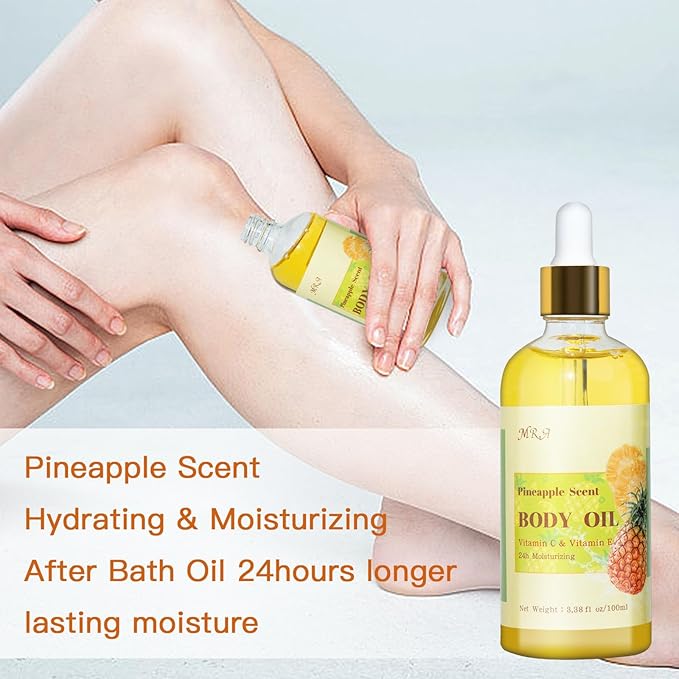 MR.A 2 Pack Pineapple Juice Scented Body Oil, Vitamin E Hydrating Body Oil, Pineapple GUASHA Oil after Shower for Dry Skin, Massage Oil with Guasha Tool