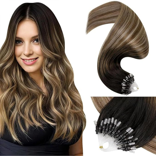 LaaVoo Micro Link Hair Extensions Human Hair Ombre Darkest Brown to Medium Brown Microlinks Hair Extensions Human Hair 22in 50g/50strands