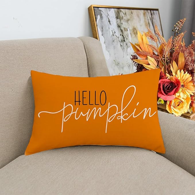 RABUSOFA Fall Pillow Covers 12x20 Hello Pumpkin Decorative Throw Pillows | Lumbar Outdoor Autumn Thanksgiving Cushion Cover Farmhosue Fall Decor for Bedroom Couch Sofa Orange