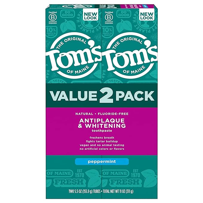 Tom's of Maine Fluoride-Free Antiplaque & Whitening Natural Toothpaste, Peppermint, 5.5 oz. (Pack of 2)