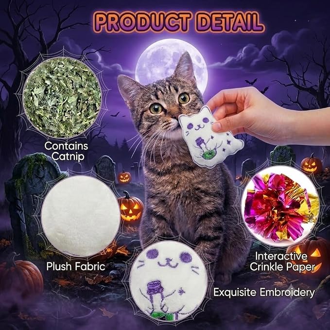 Halloween Cat Toys, 4 Pack Catnip Crinkle Toys for Indoor Cats
