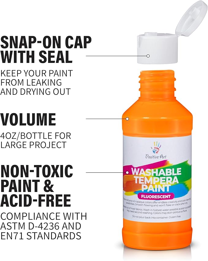 Neon Fluorescent Washable Tempera Paint – UV-Reactive Under Blacklight, 6 Bright Colors, 4 fl oz Bottles, Non-Toxic Kid-Safe Craft & Classroom Paint, Made in USA