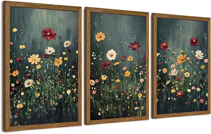 Urmoya 3 Pieces Moody Wildflower Dark Academia Floral Wall Art, 16x24 in | Vintage nature floral landscape wall decor, Wood framed, Ready to hang, Canvas art prints, over sofa, Bedroom, Office