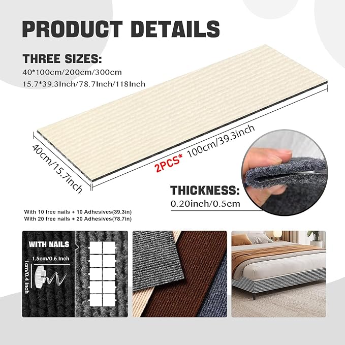 SREBAY Cat Scratch Couch Furniture Protector, Self-Adhesive Scratch Pad | 78.7x15.8In Thickened, DIY Climbing Cat Carpet Mat for Door Window Protector, Couch Guard from Claw with Pins&Tape, OffWhite