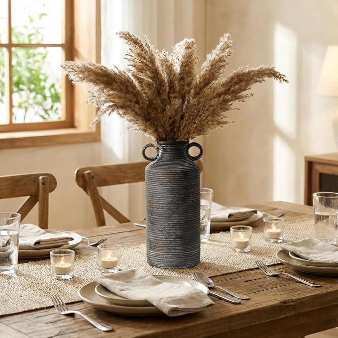Vaseking Ceramic Rustic Vase with 2 Round Handles, Antique Farmhouse Flower Vase, Vintage Terracotta Vases for Home Decor, Wedding, Living Room, Table, Shelf Decor - 10.2 Inch Tall, Black Bronze