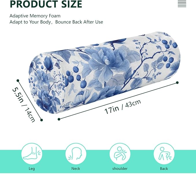 Blue White Flower Neck Roll Pillow Bolster Round Health Memory Foam Long Cervical Roll Cylinder Pillows with Removable Washable Cover for Body Bed Legs Back Yoga