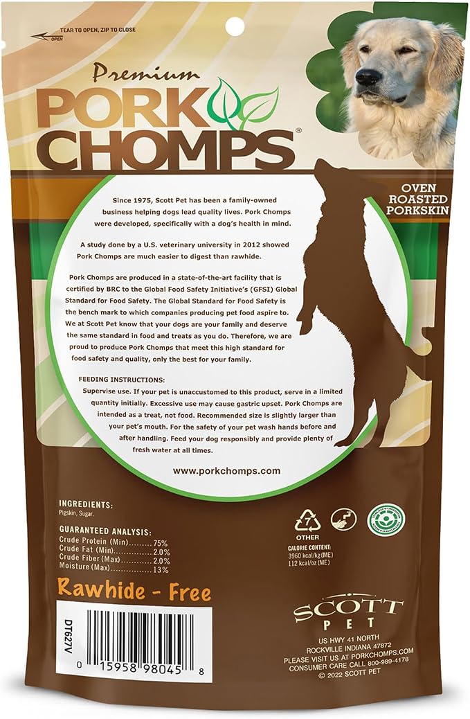 Pork Chomps Rawhide Free Pork Skin Dog Chew Bone, 4.5in, 2ct | Roasted, pressed pork skin chew. Long-lasting, high protein, low fat, healthy & delicious.