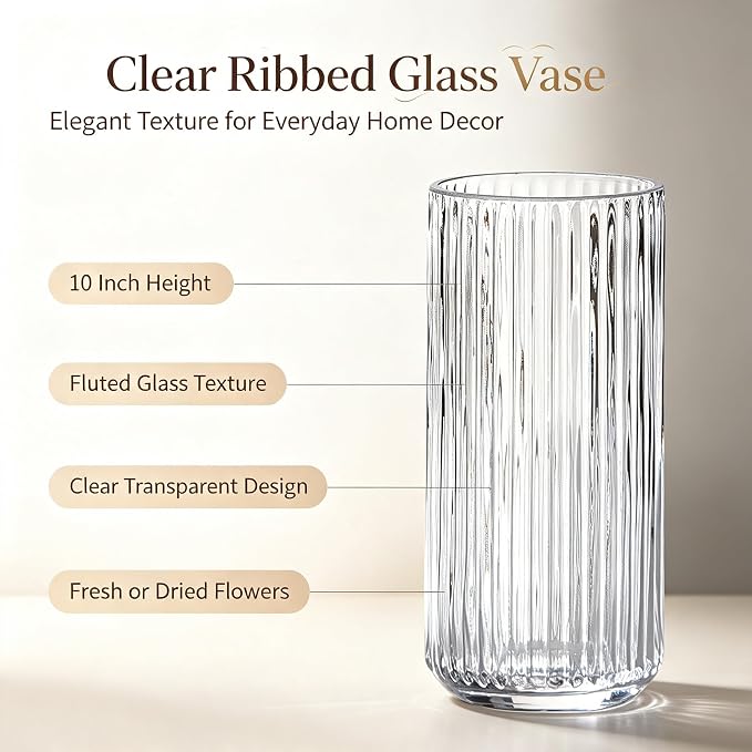Clear Glass Flower Vase for Pampas Grass, 10 inch Medium Decorative Centerpiece Ribbed Vase for Dining Table, Office Desktop, Shelf Bookshelf, Mantel, Entryway, Bathroom, Countertop, Farmhouse, Gift