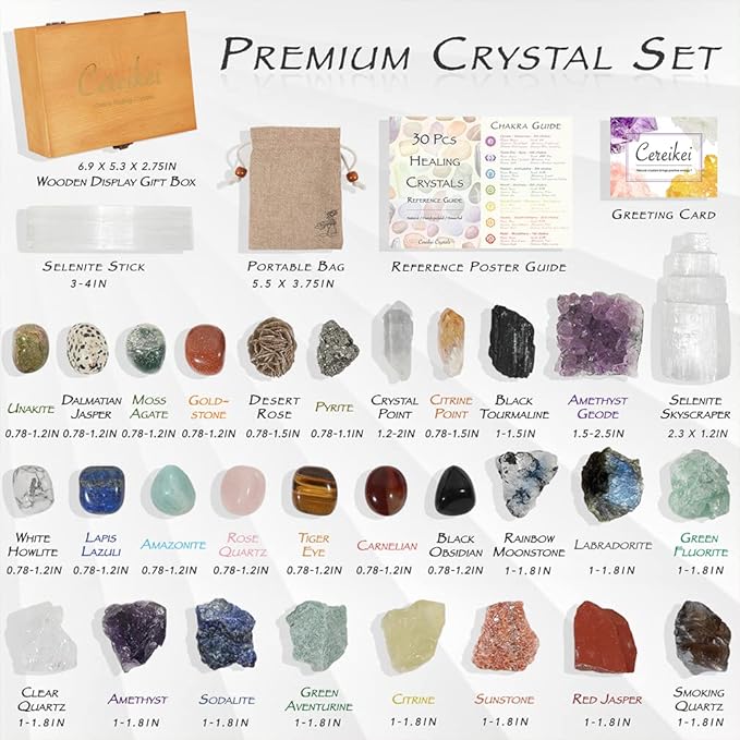 30 PCS Crystals and Stones Set, Natural Raw Healing Crystals and Tumbled Chakra Stones, Premium Protection Crystal Gift Kit Display in Wooden Box with Info Guide, Meditation, Yoga, Home Decor