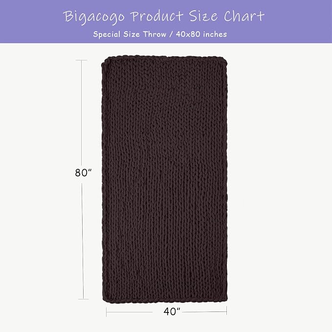 Bigacogo Chunky Knit Throw Blanket for Couch, 40x80 inches, Chocolate | Hand Knit with Jumbo Chenille, Soft Breathable Cable Knit for Sofa Bed Living Room, Machine Washable, Gift for Mom Friend