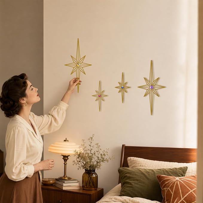sxnzequnze 4 Pcs Star Wall Art for Home Decor Living Room Bedroom Office Metal 3D,Bling,with Hanging Hook Starburst Midcentury Sculpture Retro Gallery Accent Celestial -Gold 16.5in/9.4in