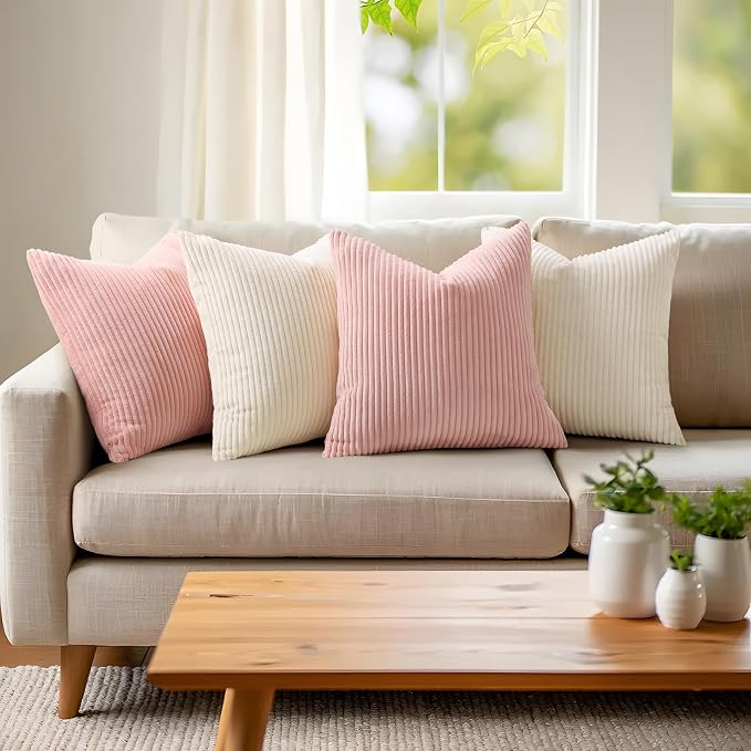 Mecatny Corduroy Fall Throw Pillow Covers 26x26 Set of 2 Cream White | Soft Striped Texture, Hidden Zipper Design, Neutral Boho Square Pillow Cases for Sofa Couch Living Room Bedroom, Home Décor