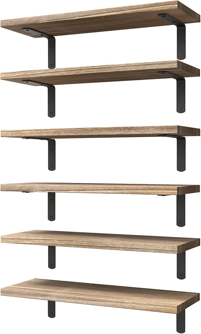 Wood Floating Shelves Set of 6, Shelves for Wall Decor, Farmhouse Shelf for Bedroom, Bathroom Storage Shelves, Book Shelves for Living Room - Rustic Brown