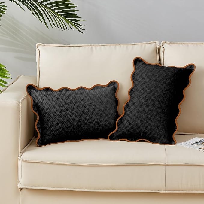 Scalloped Pillow Covers Set of 2 for Living Room | Decorative Sofa Couch Lumbar Pillows | Boho Sytle Decorative Home | Aesthetic Funky Preppy Pillow Cases (Black & Brown, 12x20 Inch)