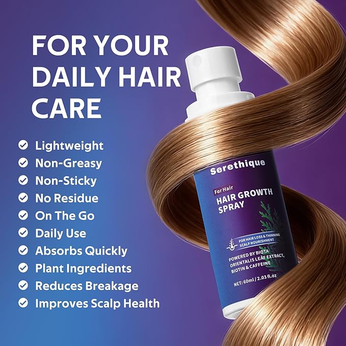 Hair Growth Serum Spray with Rosemary Oil, Biotin & Caffeine, Fast Absorbing Non-Greasy Scalp Serum for Fuller-Looking Hair, Alcohol-Free Nourishing Scalp Spray for Women & Men, 60ml