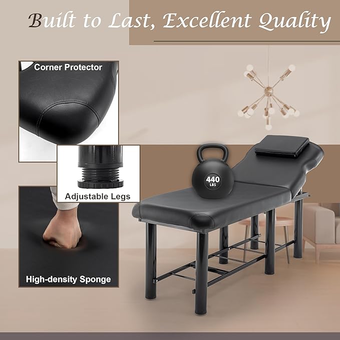 Professional Massage Bed 73 Inch, Treatment Table Salon Bed with Removable Headrest, Stationary Physical Therapy Table Spa Facial with Adjustable Backrest, Steel Frame, Black