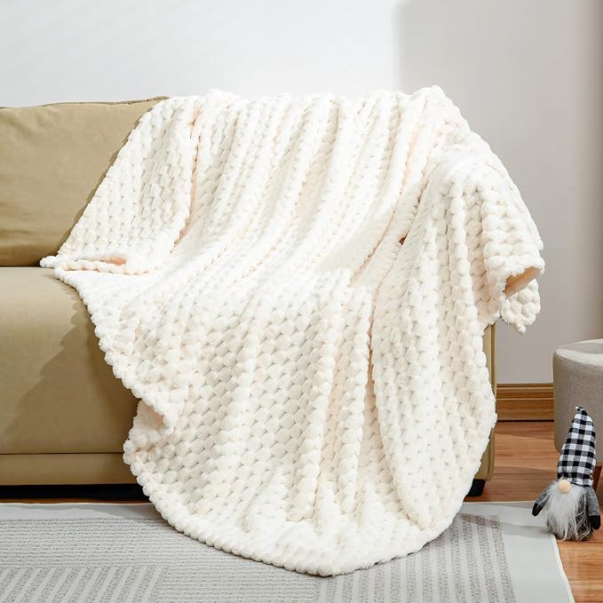 Excervent Hexagon Jacquard Throw Blanket for Bed, 60x80 Inches, Ivory | Big Decorative Fuzzy Flannel Fleece Throw Blanket for Sofa Bed Couch, Super Soft Cozy, Suitable for All Seasons